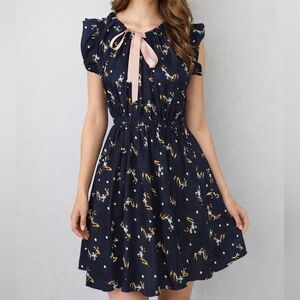 Navy Blue Dress with Little Deers Pattern